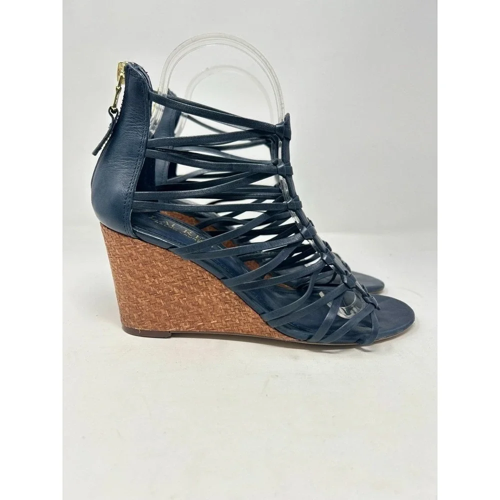 Lauren Ralph Lauren Wedge Alexandrea Gladiator Sandals Shoes 7B Navy‎ Zip Back